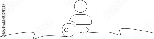 A minimalist line drawing of a person sitting on a large key above a wavy surface