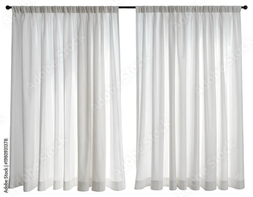 Sheer white curtains hang from a rod, framing a blank space