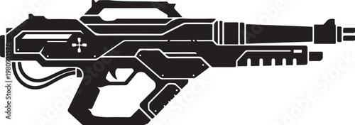 Futuristic sci-fi blaster gun, cyberpunk weapon, black vector illustration, gaming asset