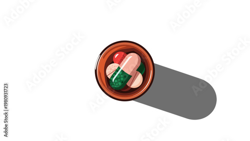 Colorful pills in a bottle.
