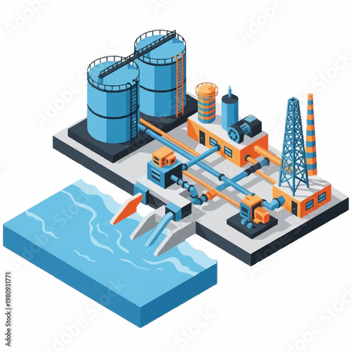 Industrial water treatment plant with tanks and pipes.