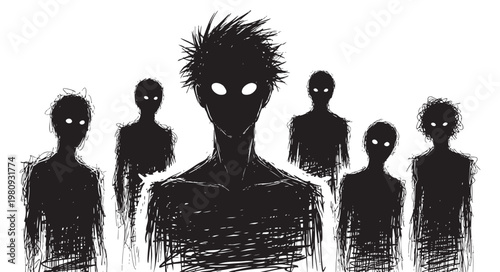 Group of mysterious shadowy figures with glowing eyes isolated on white background
