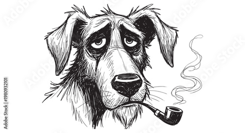 Handdrawn illustration of a sad, weary dog smoking a pipe