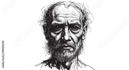 Portrait of an elderly man with a beard, sketch style isolated on white background