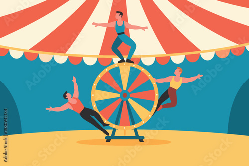 Three circus acrobats balancing on colorful rotating wheel under striped tent canopy, vector illustration.