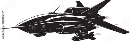 Futuristic spaceship, black illustration, vector graphic, sci-fi aircraft