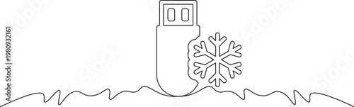 A minimalist line drawing of a USB flash drive with a snowflake on a wavy surface