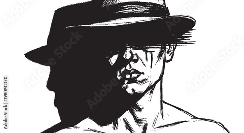 Noir style illustration of a mysterious man wearing a fedora hat