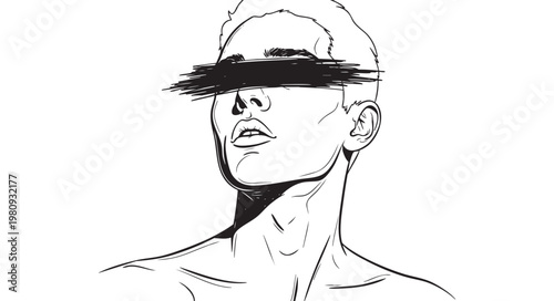 Portrait of a young man with eyes obscured by a black brush stroke