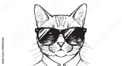Cool cat wearing sunglasses and a shirt, handdrawn sketch illustration
