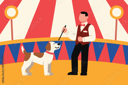 Circus performer in red vest with dog on striped tent stage under festive lights, vector illustration.