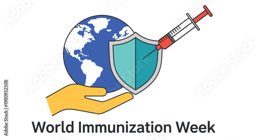 Global vaccination efforts are protected a shield and syringe with the earth