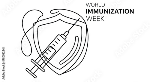 World immunization week graphic featuring a shield syringe and medical symbol