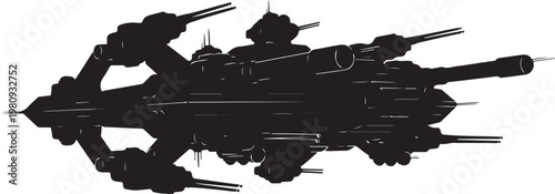 Futuristic spaceship, sci-fi vehicle, black silhouette, spacecraft illustration, vector graphic