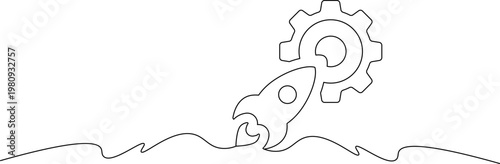 A minimalist line drawing of a rocket ship launching into the air with a gear above it