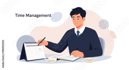 Man Planning Schedule on Calendar and Notebook for Effective Time Management