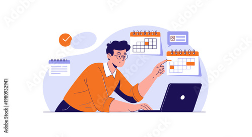 Man planning schedule on laptop with calendars and clock, business planning concept