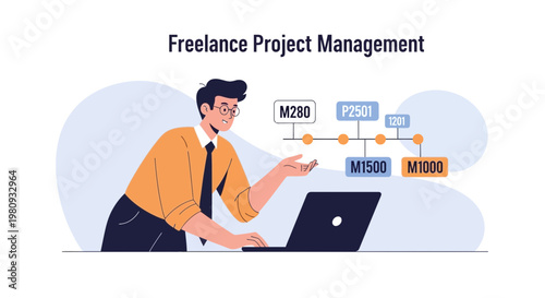 Freelance Project Management: Man working on laptop with project timeline