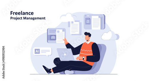 Freelance Project Management: Man Working Remotely with Laptop and Documents