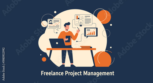 Freelance Project Management: Man working with laptop, charts, and ideas
