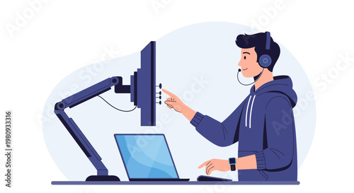 Gamer or streamer with headset and multiple monitors, working on computer