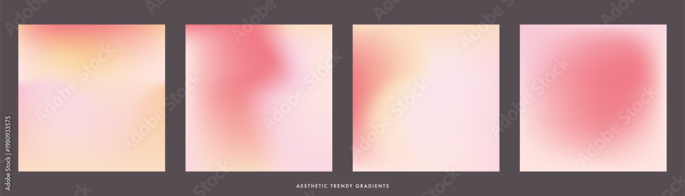 Naklejka premium Light peach pink yellow gradient background. Abstract soft aura texture. Set of 4 square vector aesthetic pink beige aura bg for poster, banner, social media, beauty, cosmetics and wedding design