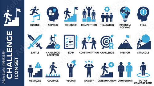 Challenge icon set with goals, obstacles, competition, hurdle, issue, overcome, resolve, rivalry, success, problem solving symbols. clean vector icons for apps, web, business design.