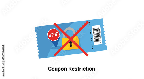Stop sign and lock icon overlaying a coupon with a barcode, symbolizing coupon restrictions and limitations