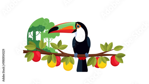 Colorful Toucan Perched on Branch.
