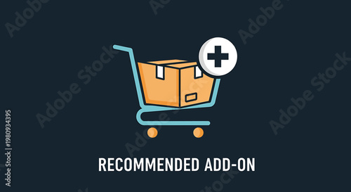 Shopping cart with a box and a plus sign, representing a recommended add-on for an online purchase
