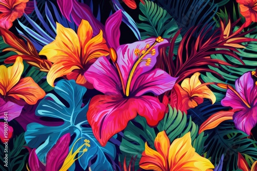 Tropical flowers pattern with leaves