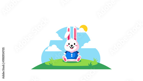 Cute Cartoon Bunny Wearing Blue Overalls.