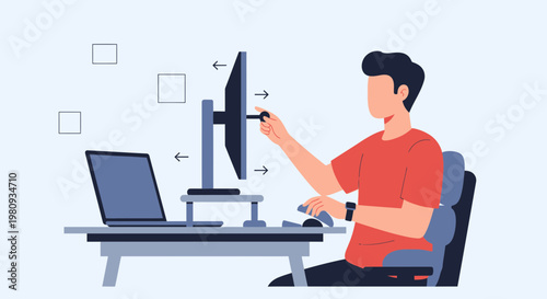 Man Adjusting Computer Monitor at Desk with Laptop, Workspace Setup