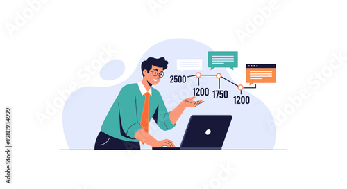 Man analyzing data on laptop with graph and charts, business analytics concept