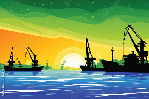 Sunset Harbor Silhouette Scene Vector Illustratio
