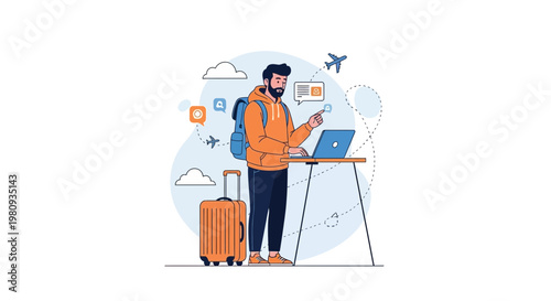 Man booking travel online with luggage and laptop, travel planning concept
