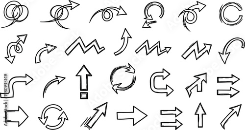 Collection of hand drawn black and white arrows and directional symbols for various guidance and navigation purposes
