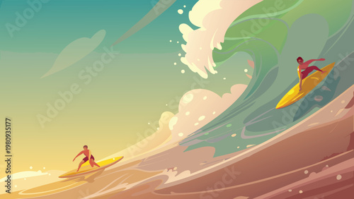 Surfing Ocean Waves Scene Vector Illustration of