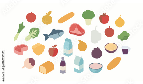 Colorful grocery food icon bundle flat vector set with fruits vegetables seafood dairy and drinks