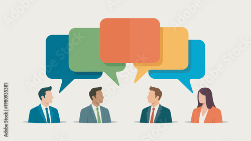 A diverse group of business professionals engaged in a discussion with colorful speech bubbles above their heads.