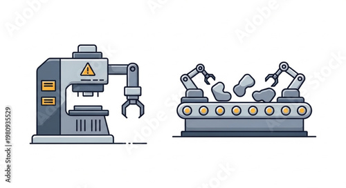 Industrial robotic arms and machinery on a factory production line.