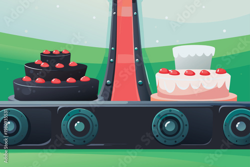 Transporting Cakes With Conveyor Scene Vector Ill