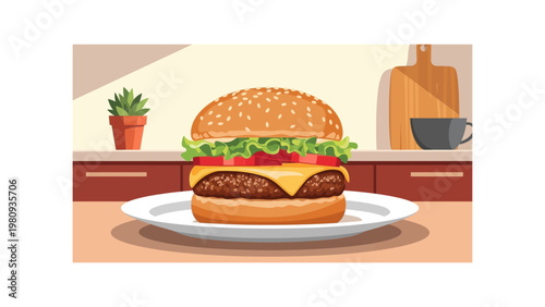 Double Cheeseburger on White Plate.