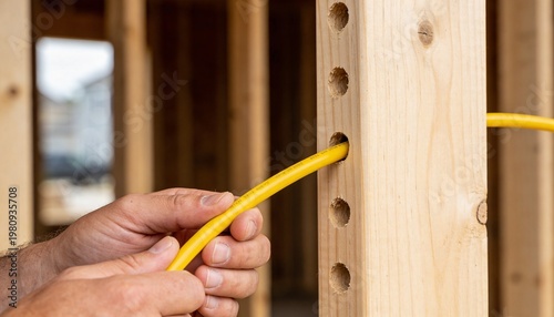 A close-up view of hands installing yellow electrical wiring through a drilled hole in a wooden wall stud during home construction.