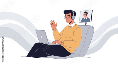 Man on video call, waving hello, working remotely on laptop, comfortable setting