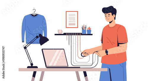 Man organizing cables at desk with laptop and sweater, modern workspace concept