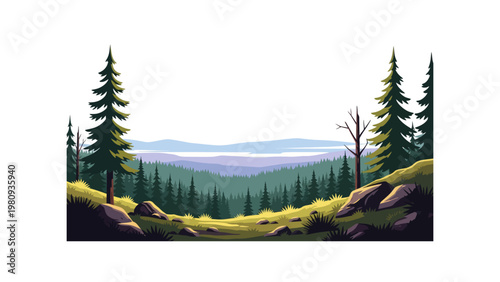 Evergreen Trees on Rocky Hillside Landscape.