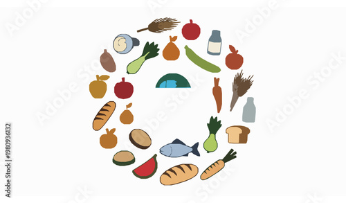 World Food Day doodle vector with global food elements fruits vegetables and meals in hand drawn style