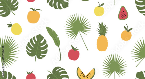 Fresh healthy fruit seamless pattern vector illustration featuring an assorted collection of apple orange banana strawberry pear lemon pineapple cherry watermelon peach plum kiwi and raspberry icons