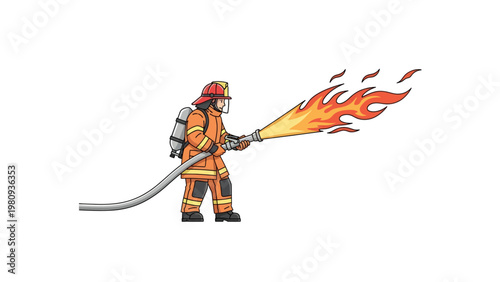 Firefighter spraying water on flames.